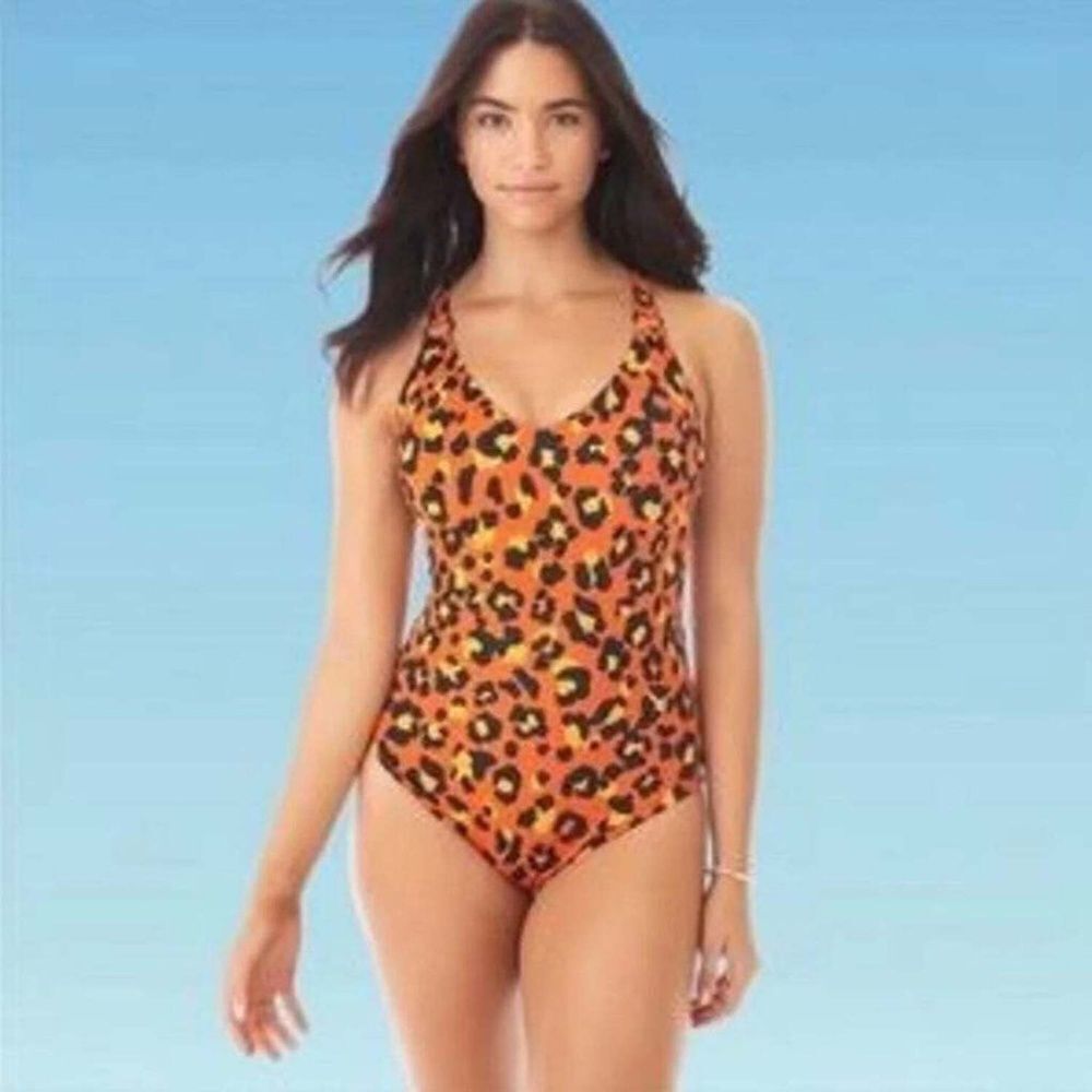 Beach Betty By Miracle Brands NWT Orange‎ Leopard Print One Piece Swimsui…